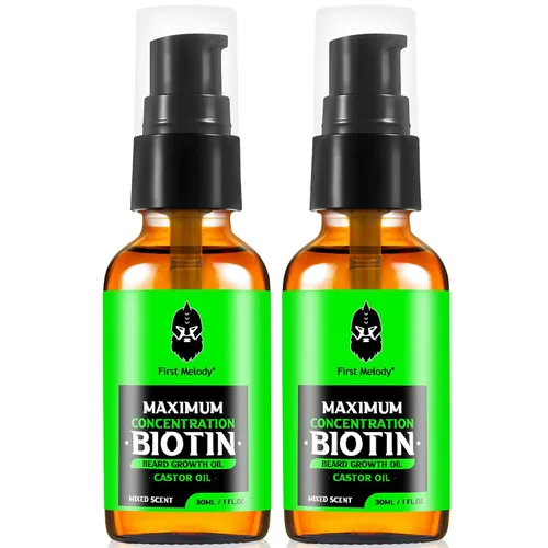 First Melody Aceite para barba, biotina espesante maximun, con aceite de ricino y aceites de argán y jojoba, promueve el crecimiento de la barba,
