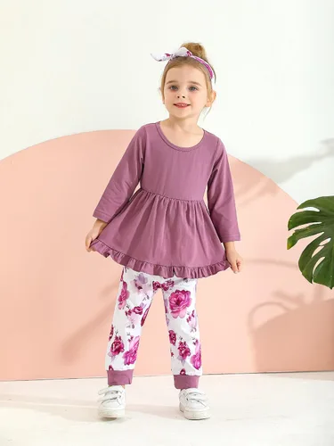 Miniatura 3 de Kulcerry Conjunto de ropa para bebé niña pequeña, color liso, manga larga, volantes, pantalones, diadema