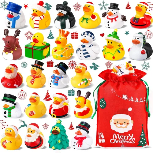 ANGGIKO Paquete de 24 patos de goma de Navidad a granel con bolsa, patos Jeep de Navidad para pato, bolsas de regalos de Navidad, regalos de