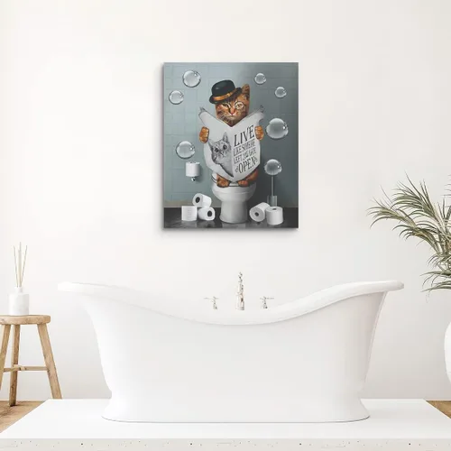 Miniatura 5 de Kateflower Lienzo decorativo para baño, arte de pared, lindo gato sentado en el inodoro, leyendo periódicos, imágenes de animales de granja, pintura