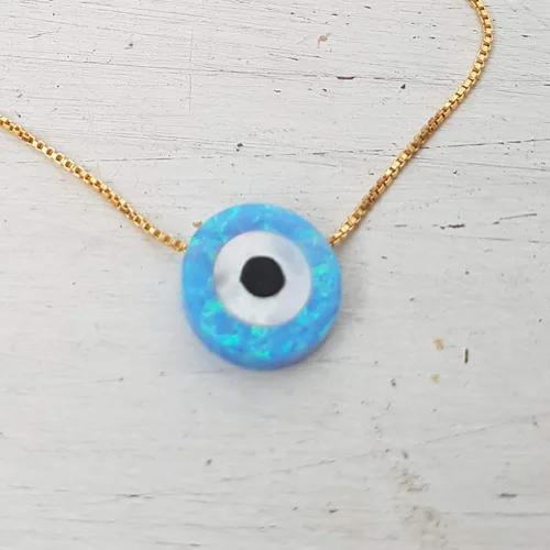 Miniatura 5 de Blue Opal Evil Eye Necklace,10mm created Opal,14k gold filled chain length 16 inch+ extension