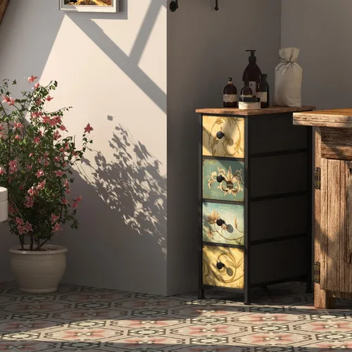 Miniatura 4 de Tohomeor Cómoda de Almacenamiento Estrecha Cómoda Delgada con Cajones de Tela de Flores Retro Armario Vertical Delgado para Espacios Pequeños, Baño
