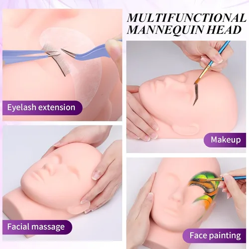 Miniatura 2 de Kit de extensión de pestañas para principiantes, juego de suministros profesionales para extensión de pestañas con cabeza de maniquí, pegamento