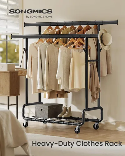 Miniatura 2 de SONGMICS Perchero de Ropa, Perchero de Ropa Rodante de Servicio Pesado con Ruedas, Barras Colgantes Dobles Extensibles y Altura Ajustable, Portátil