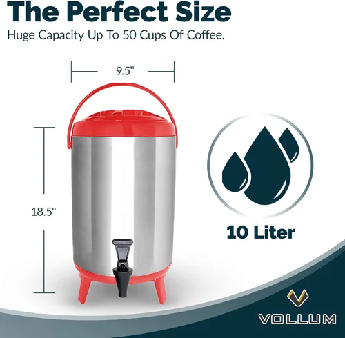 Miniatura 4 de Vollum - Dispensador de bebidas aislado de acero inoxidable – Jarra térmica aislada para café caliente y frío – Dispensador de 10 litros con espita