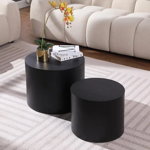 Miniatura 3 de WILLIAMSPACE Juego de 2 mesas auxiliares anidadas, redondas de madera negra para espacios pequeños, sala de estar, dormitorio, mesa auxiliar