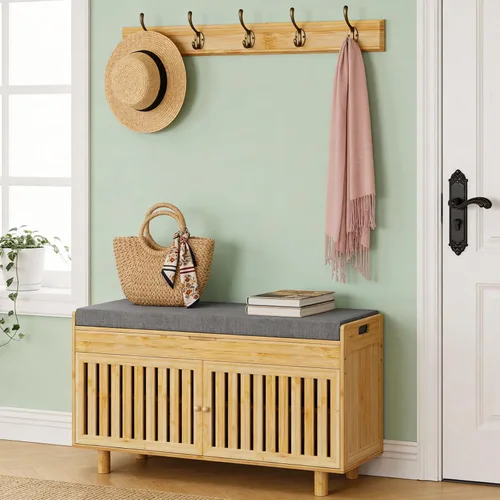 Miniatura 10 de Banco de almacenamiento de zapatos, banco de entrada de bambú con 2 puertas y cojín de asiento acolchado, 35.4" An x 12.6" Pr x 19.7" Al, zapatero
