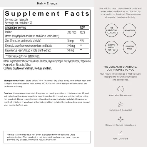 Miniatura 8 de JSHealth Vitaminas Fórmula para el Cabello y Energía - Suplemento de Apoyo para el Cabello y el Cuero Cabelludo con Yodo y Zinc - 30 Cápsulas