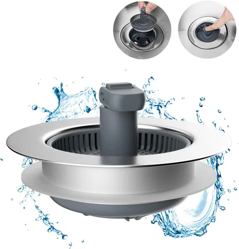 Miniatura 14 de Hibbent - Combo de colador y tapón de drenaje desplegable 3 en 1 para fregadero de cocina, de acero inoxidable, cesta antiobstrucción, con mango