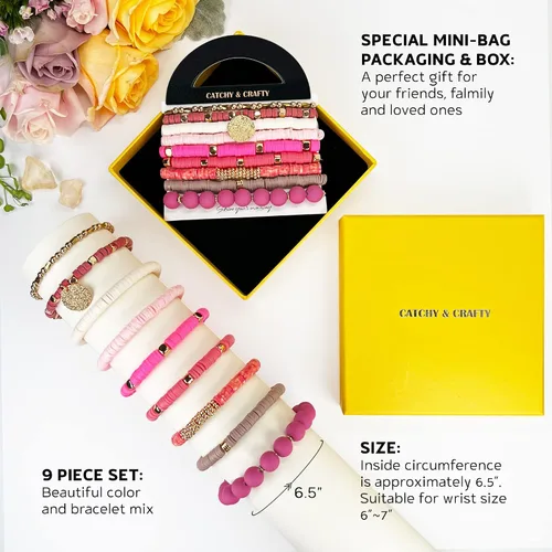 Miniatura 4 de CATCHY & CRAFTY 9 pulseras Heishi de varias capas con cuentas de arcilla de vinilo, apilables, elásticas, para mujeres, regalo para el día
