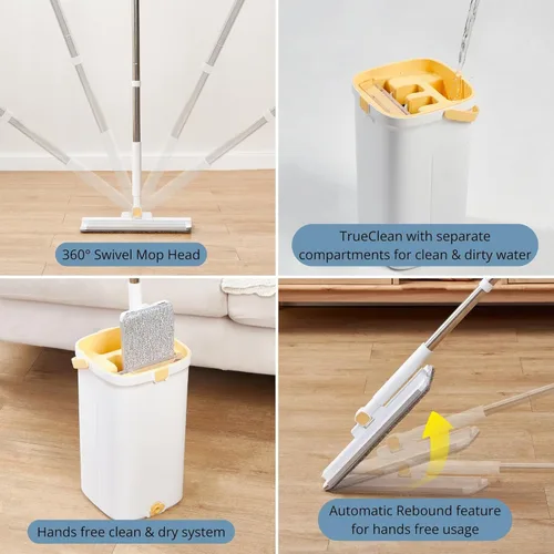 Miniatura 7 de Juego de trapeador y cubo con sistema de bomba para el hogar, autolimpieza manos libres con 3 compartimentos para separar la limpieza del agua
