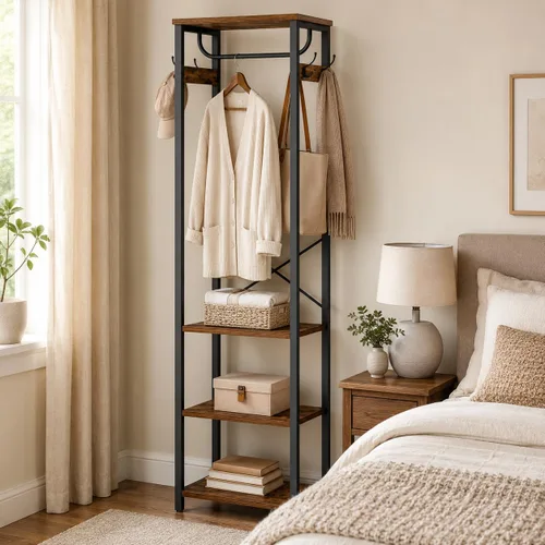 Miniatura 4 de Perchero con Barra para Colgar, Estante para Ropa con 3 Estantes de Madera y 4 Ganchos, Árbol de Pasillo Independiente, Organizador de Perchero