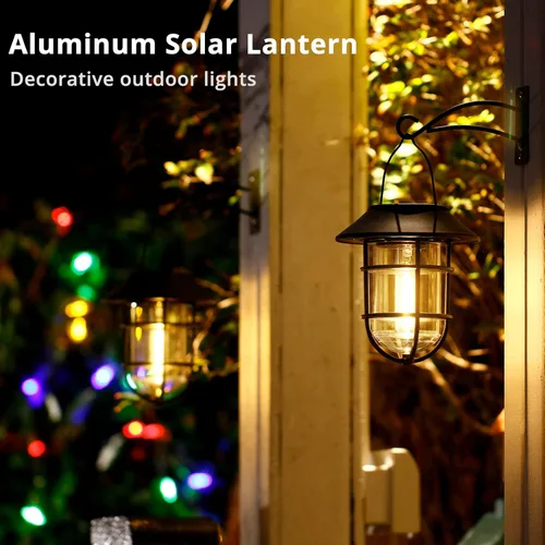 Miniatura 2 de Farol solar colgante para exteriores, luces solares impermeables de metal para exteriores con vidrio transparente, bombillas LED Edison decorativas