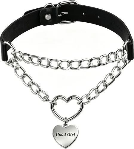 Miniatura 14 de Eigso Gargantilla gótica con cadena de corazón para mujer, gargantilla de cuero punk, collares Emo Grunge, collar para fiesta de los años 80