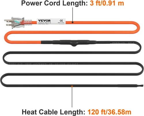 Miniatura 8 de VEVOR Cable de calefacción de tubería autorregulable, cinta térmica de 120 pies de 5 W/ft para protección contra congelación de tuberías, protege