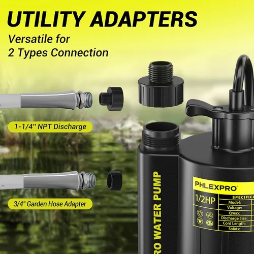 Miniatura 7 de Bomba de sumidero PHLEX PRO de 1/2HP - Bomba de agua sumergible de 2650GPH, bomba de utilidad termoplástica eléctrica portátil de transferencia