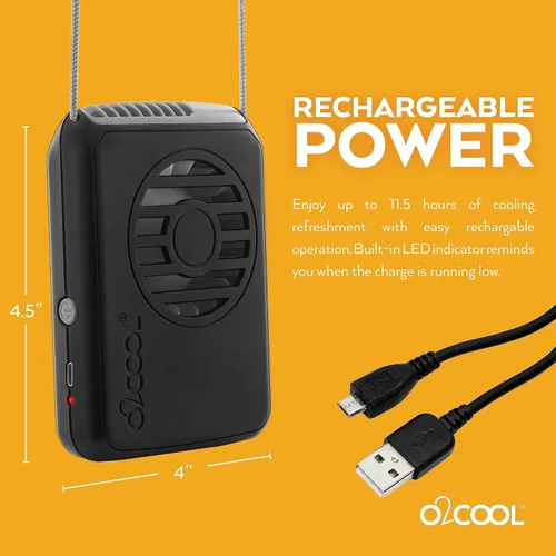 Miniatura 4 de O2COOL Ventilador de enfriamiento de cordón ajustable con batería USB de viaje personal para cuello portátil, (negro)