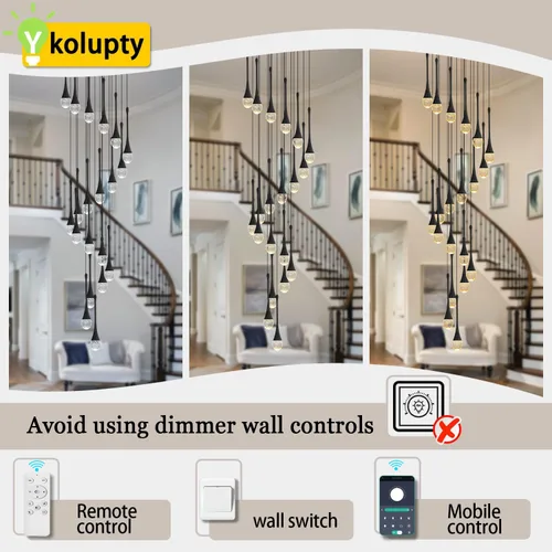Miniatura 3 de ykolupty Candelabro Moderno de 138'', 20 Luces, Lámpara Colgante Moderna Negra, Candelabro Grande para Escalera, Vestíbulo, Sala de Estar, Negro