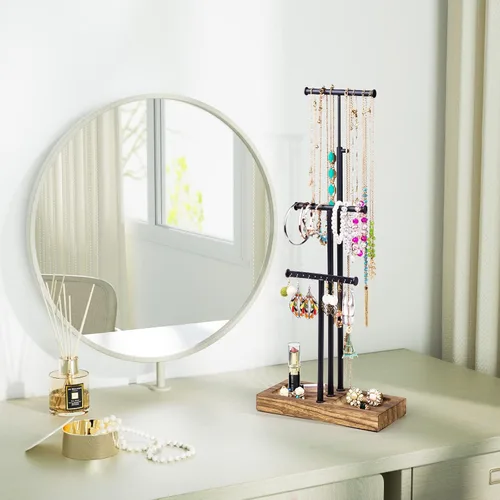 Miniatura 2 de Love-KANKEI Soporte organizador de joyas con base de metal y madera y almacenamiento grande para collares, pulseras, aretes, organizador negro