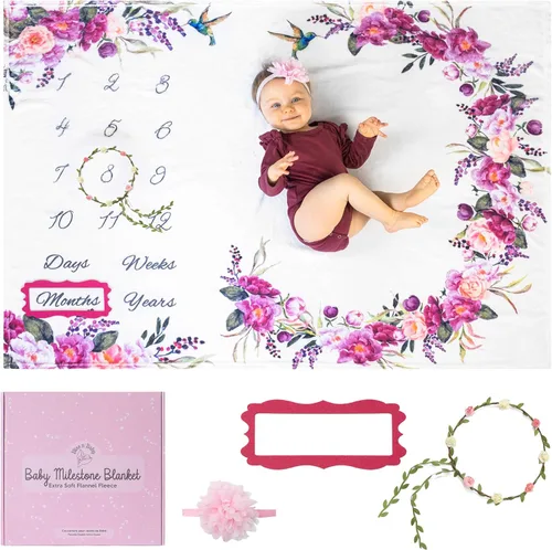 Bliss n' Baby Manta mensual de hitos para bebé niña, 60 x 40 pulgadas, sin arrugas, con tabla de crecimiento, lavable y secable, con corona y Floral
