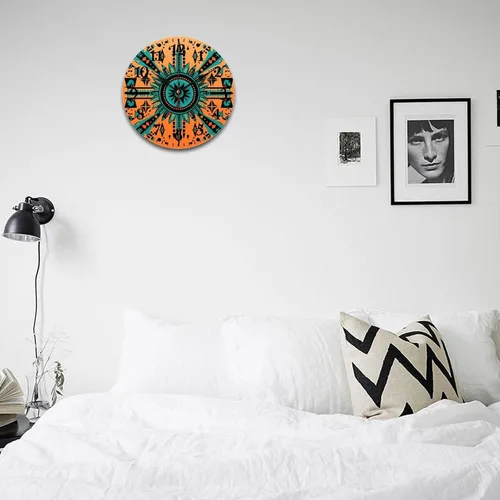 Miniatura 4 de Reloj de madera con motivo de arte tribal naranja brillante, turquesa, azul y azul, patrón tribal del suroeste, cuarzo decorativo de madera, sin