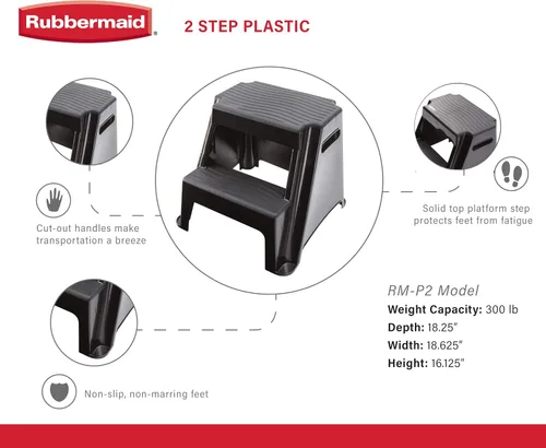 Miniatura 10 de Rubbermaid Taburete de plástico moldeado de 2 escalones, ligero con peldaños antideslizantes y pies antideslizantes, color negro