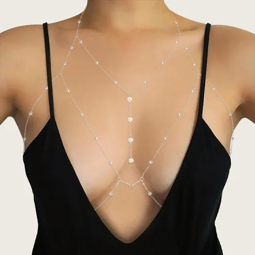 Miniatura 2 de Cadenas de cuerpo sexy sujetador de diamantes de imitación de plata cadena de vientre joyería bikini playa rave fiesta cuerpo accesorio para mujeres