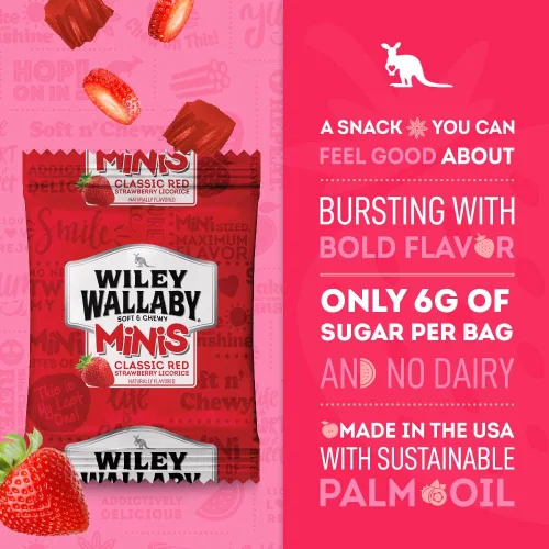 Miniatura 4 de Bolas de regaliz clásico Wiley Wallaby Mini, 0.5 onzas, regaliz suave y masticable gourmet estilo australiano clásico rojo, paquete de 40 bolsas
