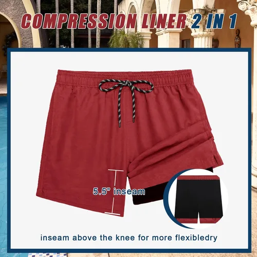 Miniatura 3 de COOFANDY Traje de baño para hombre con forro de compresión 2 en 1, traje de baño corto de secado rápido