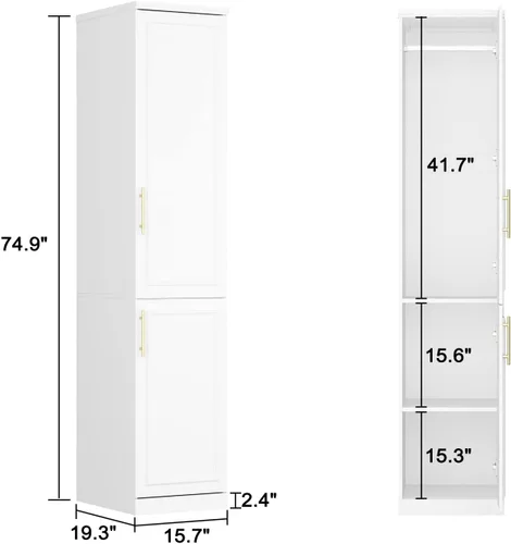 Miniatura 2 de ECACAD Armario delgado blanco con 2 puertas, estantes de 3 niveles y barra para colgar, armario de almacenamiento de madera para dormitorio