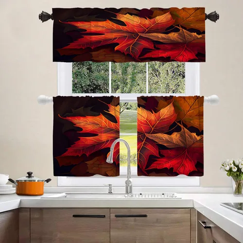 Miniatura 2 de Shrahala Cortinas de hojas de arce otoñales para ventanas de cocina, hojas rojas ardientes, fondo marrón, paneles de cortina de ventana de poliéster