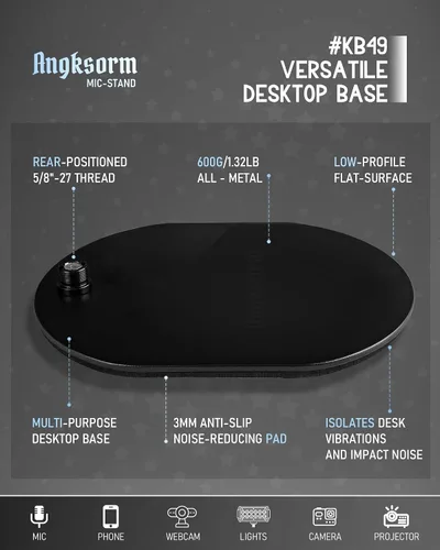 Miniatura 2 de Base universal para micrófono, soporte de escritorio elíptico de metal resistente con rosca de 5/8"-27, adaptadores de 1/4" y 3/8", compatible
