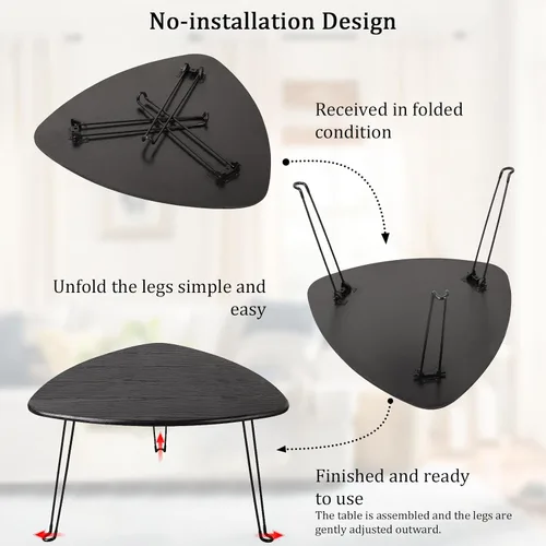 Miniatura 7 de Mesa de centro plegable negra de madera triangular para sentarse en el suelo, mesas auxiliares pequeñas ovaladas, mesa de centro moderna de mediados