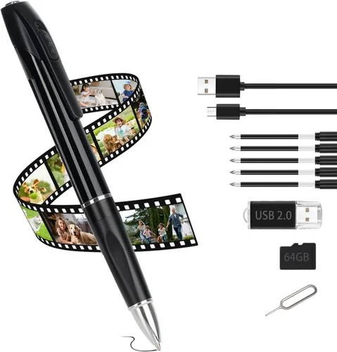 Bolígrafo con Minicámara, Cámara de Seguridad HD 1080P, Almacenamiento de 64GB, 150 Minutos de Uso, Cámara de Bolsillo con Carga USB, 5 Recargas