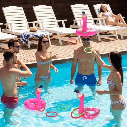 Miniatura 2 de Juego de lanzamiento de anillos inflables de flamenco de 3 piezas, suministros de juguetes para fiestas en la piscina, decoraciones Luau