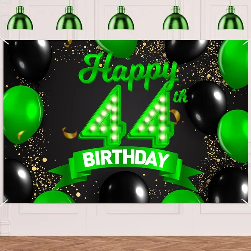Miniatura 8 de Cartel de feliz cumpleaños 26 verde y negro, telón de fondo con texto en inglés "Cheers to 26 years old confeti", globos de confeti, decoración