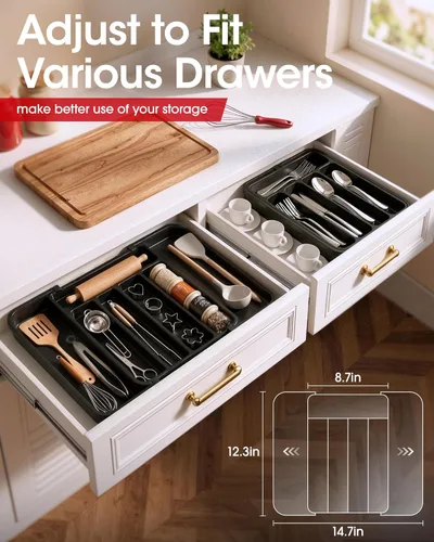Miniatura 4 de Aujen Organizador de cubiertos – Organizador de cajones de cocina expandible, organizador de utensilios ajustable, bandeja de cubiertos