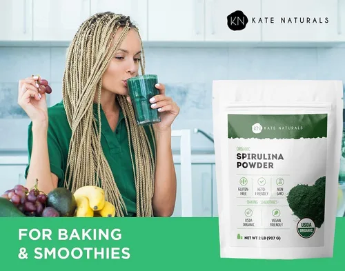 Miniatura 4 de Kate Naturals Polvo de espirulina orgánica. Superalimento denso en nutrientes para batidos y jugos (2 libras, certificado USDA, sin OMG, sin gluten)