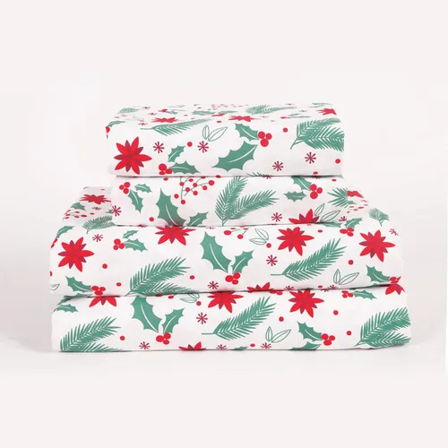 Juego de sábanas de microfibra de bolsillo profundo de 4 piezas con diseño navideño de muérdago y flor de pascua, tamaño completo, verde rojo blanco