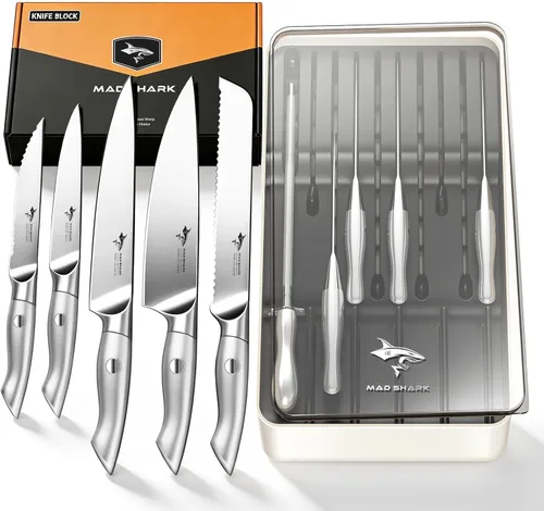 MAD SHARK Juego de cuchillos de cocina de 11 piezas con bloque, cuchillos de acero inoxidable de alto carbono con varilla afiladora, mango