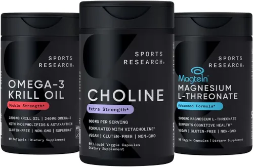 Sports Research® Paquete de apoyo cerebral: colina extra fuerte 800 mg + aceite de krill omega 3 1000 mg + Magtein® de alta absorción 2000 mg