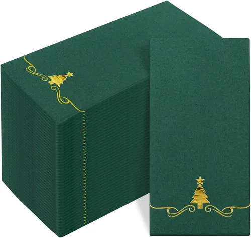 Paquete de 100 Servilletas Desechables de Invitados de Navidad de 12 x 17 Pulgadas Servilletas de Árboles de Navidad con Papel Dorado Toallas de