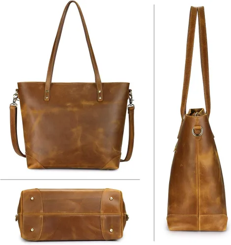 Miniatura 7 de S-ZONE - Bolso de mano de piel auténtica vintage para portátil, Bolsa de trabajo para mujeres con bolsillo trasero con cremallera