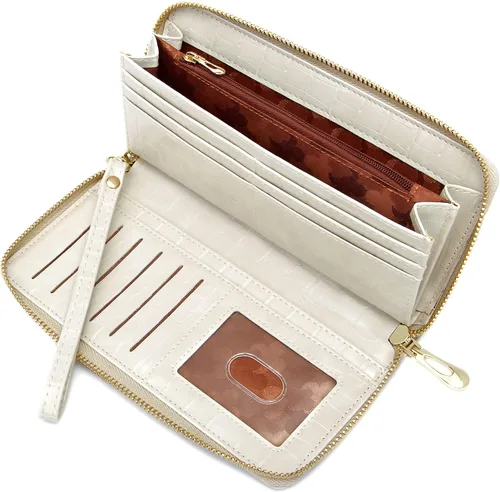 Miniatura 2 de Badiya Cartera para mujer con bloqueo RFID de cuero con cremallera de gran capacidad para tarjetas de crédito bolso largo Blanco