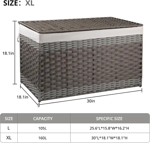 Miniatura 3 de OIAHOMY Cesta de almacenamiento con tapa, cesta de mantas de 42.3 galones (160L) con forro extraíble, cesta de mimbre sintético con asa, plegable