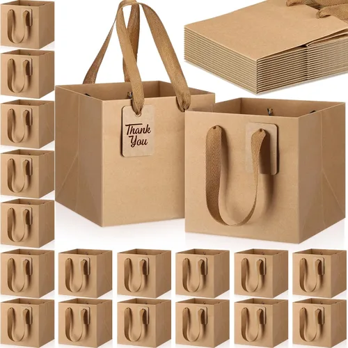 Miniatura 12 de Windyun 25 mini bolsas de regalo de papel con asa de 6 x 6 x 6 pulgadas, pequeñas bolsas cuadradas con etiqueta de agradecimiento para Navidad