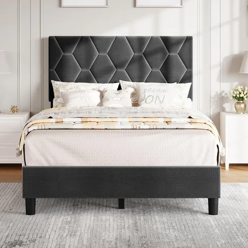 Miniatura 16 de GarveeHome Base de cama Twin XL beige con cabecera tapizada, base de cama de plataforma resistente con cabecera ajustable, soporte fuerte