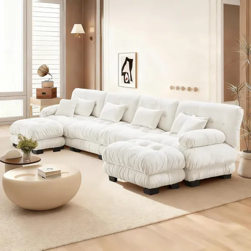 Miniatura 81 de Reposapiés Otomano Tapizado de Terciopelo con Cojín para Sofá Seccional Sofá 300 libras para Sala de Estar (Beige)