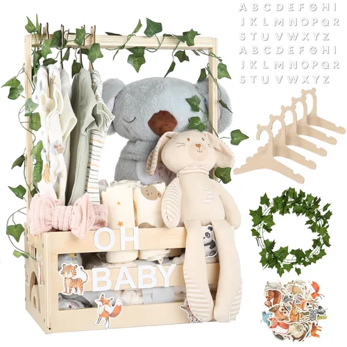 Miniatura 14 de Cesta de regalo para baby shower, caja de madera, letras de madera personalizadas y perchas para ropa recién nacido, regalos para bebés, niñas