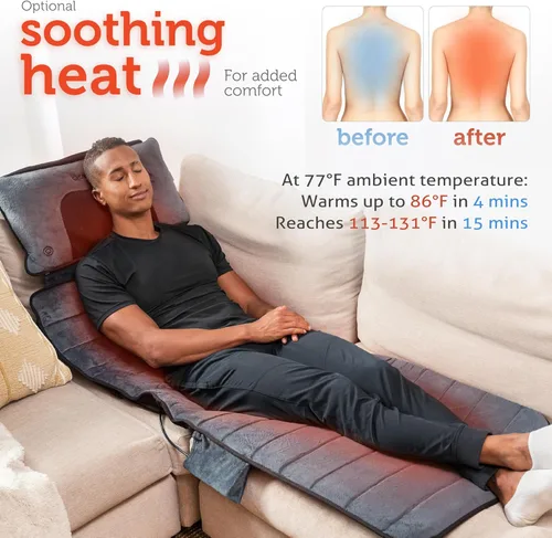 Miniatura 4 de COMFIER Alfombrilla de masaje de cuerpo completo con almohada de cuello móvil, 10 motores vibratorios y 4 almohadillas térmicas, almohadilla de Azul